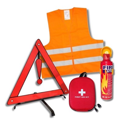 σετ-εκτάκτου-ανάγκης-με-ανακλαστικό-γιλέκο,-πυροσβεστήρα,-φαρμακείο-και-τρίγωνο